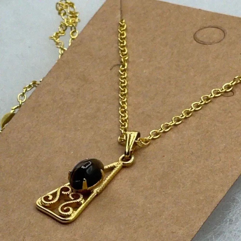 Vintage Gold GF tigereye pendant open filigree design. Modern GP chain